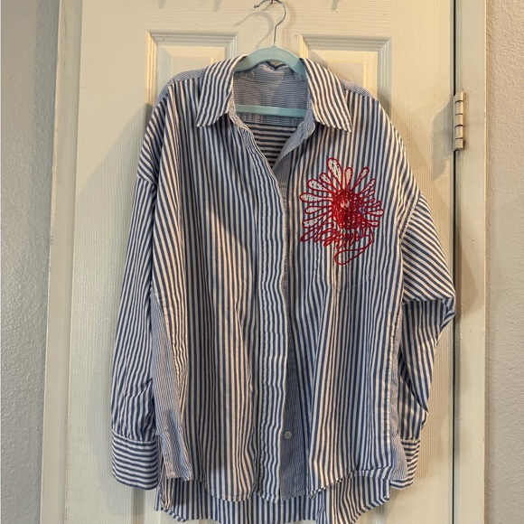 Dresses & Skirts - Striped Button-Up Shirt with Red Floral Embroidery